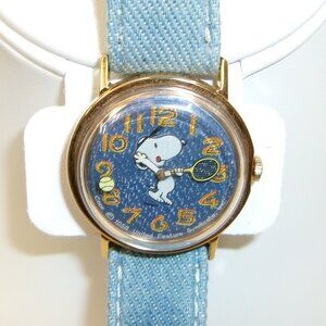 Vintage Timex Snoopy Playing Tennis Timex Denim Wrist Watch - Works!
